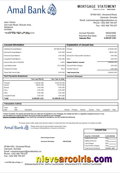 Somalia Amal bank mortgage statement